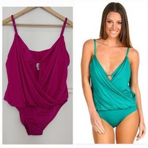 Badgley Mischka Surplice Blouson Swimsuit in Fuchsia